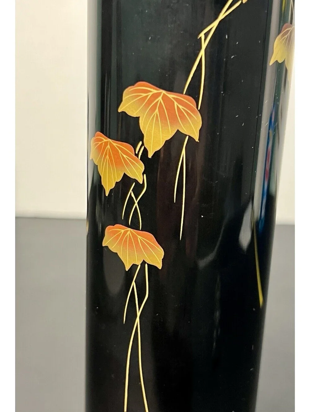 Wajima Nuri Oke 1970s Urushi Lacquer Ikebana Vase Autumn Maple Maki-e, 2.5x10”